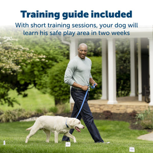 Pet parent with their beloved dog Training guide included with the short training sessions your dog will learn his safe play area